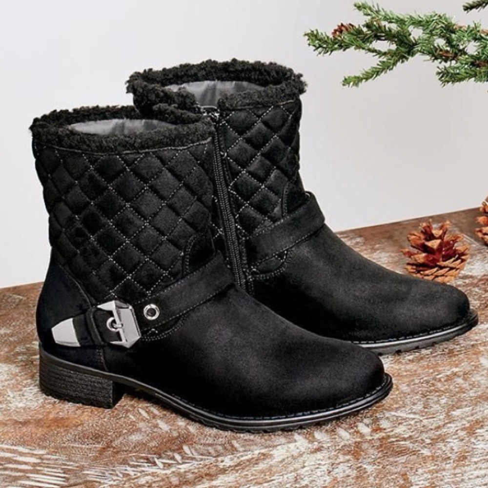 Avon Cushion Walk Moto Boots Suede Quilted Fur Trim Comfort Shoes Black Size 9